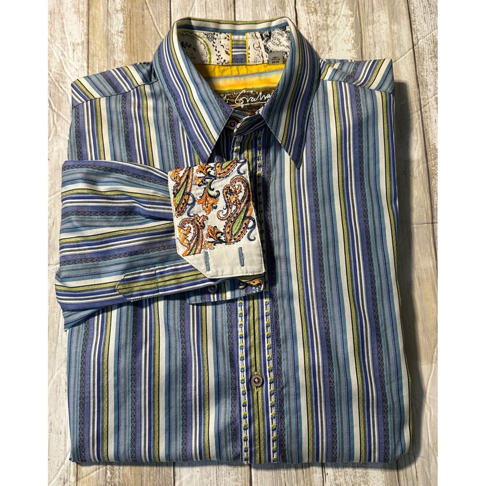 Robert Graham Striped Button Down Shirt‎ Paisley Cuffs Long Sleeve Men's Medium